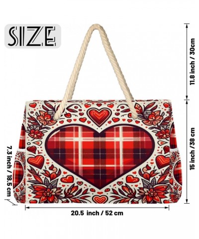 Cartoon Love Plaid Print Beach Bags for Women Large Tote Bag with Zipper and Pockets Waterproof Sandproof Accessories Swim Po...