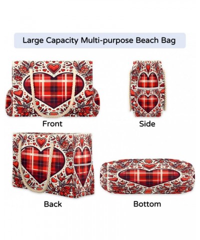 Cartoon Love Plaid Print Beach Bags for Women Large Tote Bag with Zipper and Pockets Waterproof Sandproof Accessories Swim Po...