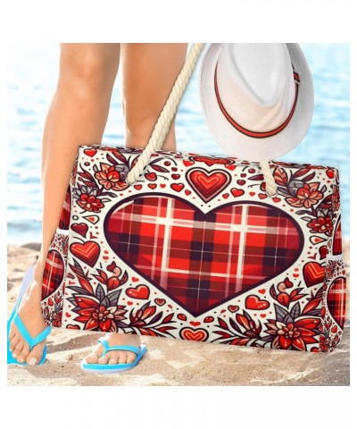 Cartoon Love Plaid Print Beach Bags for Women Large Tote Bag with Zipper and Pockets Waterproof Sandproof Accessories Swim Po...