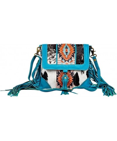 Shoulder Bag for Women - Western Upcycled Hairon Canvas & Leather Tassel Bag Blue $41.36 Shoulder Bags