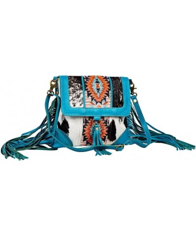 Shoulder Bag for Women - Western Upcycled Hairon Canvas & Leather Tassel Bag Blue $41.36 Shoulder Bags