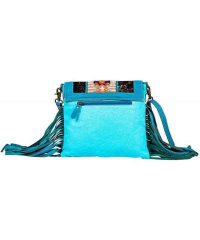 Shoulder Bag for Women - Western Upcycled Hairon Canvas & Leather Tassel Bag Blue $41.36 Shoulder Bags