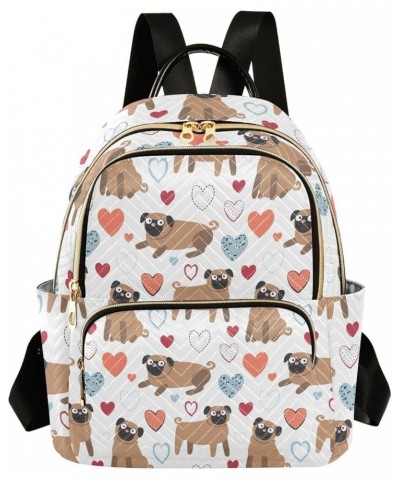 Backpack Purse for Women Pug and Hearts, Mini Fashion Backpack Dog Lightweight Casual Daypack Shoulder Bag Travel Backpack, M...