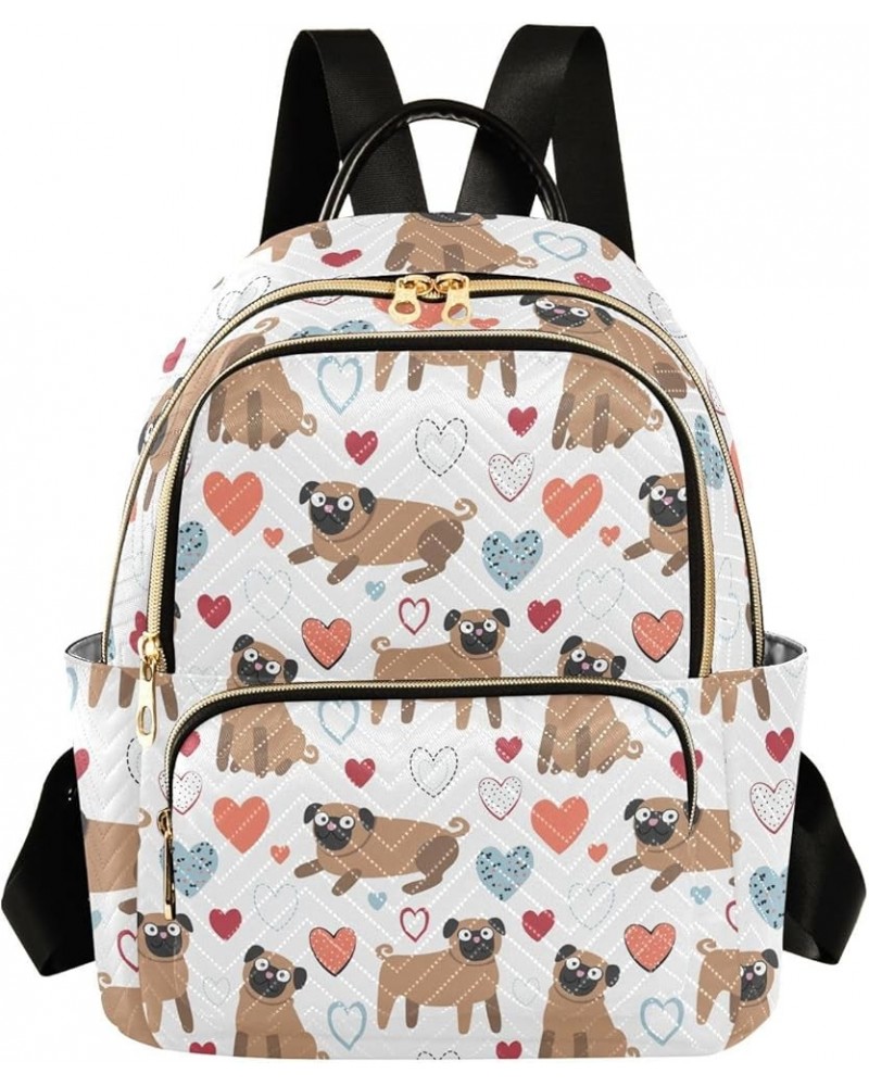 Backpack Purse for Women Pug and Hearts, Mini Fashion Backpack Dog Lightweight Casual Daypack Shoulder Bag Travel Backpack, M...