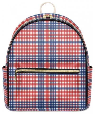 Usa Plaid Backpack Purse for Women Cute Mini Back Pack Small Casual Daypacks Pu Leather Bookbag Anti Theft Red Blue Travel Ba...