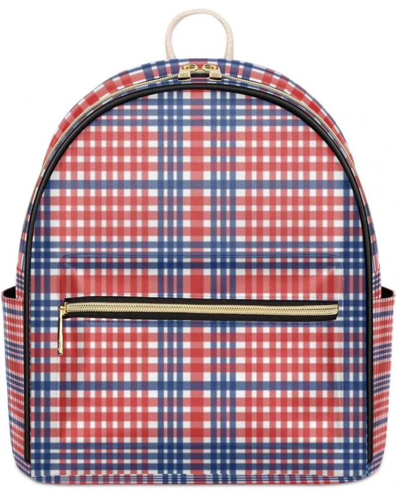 Usa Plaid Backpack Purse for Women Cute Mini Back Pack Small Casual Daypacks Pu Leather Bookbag Anti Theft Red Blue Travel Ba...