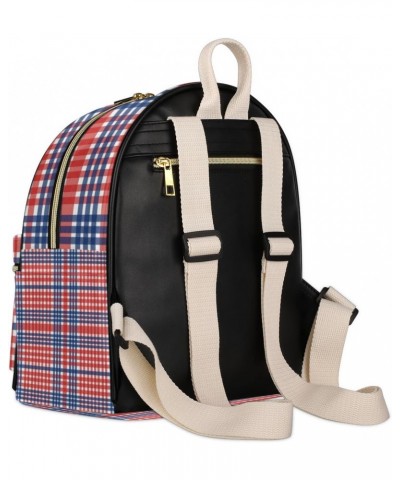 Usa Plaid Backpack Purse for Women Cute Mini Back Pack Small Casual Daypacks Pu Leather Bookbag Anti Theft Red Blue Travel Ba...