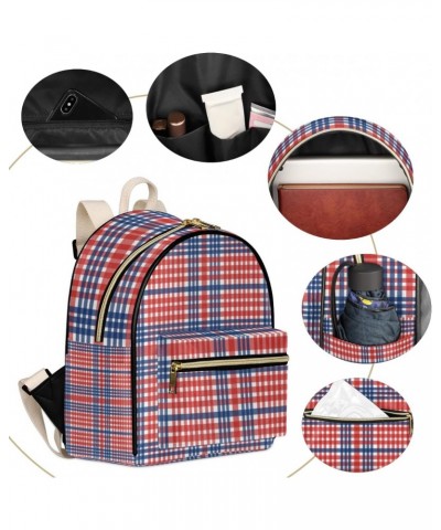 Usa Plaid Backpack Purse for Women Cute Mini Back Pack Small Casual Daypacks Pu Leather Bookbag Anti Theft Red Blue Travel Ba...