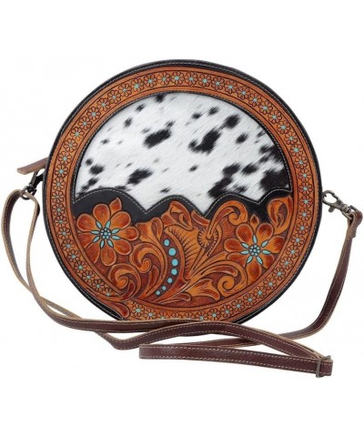 Simply Sober Round Bag, S-4944 - Floral Tooled Leather Crossbody Bags with Cowhide Design, Women's Circle Cross Body Purse Ha...