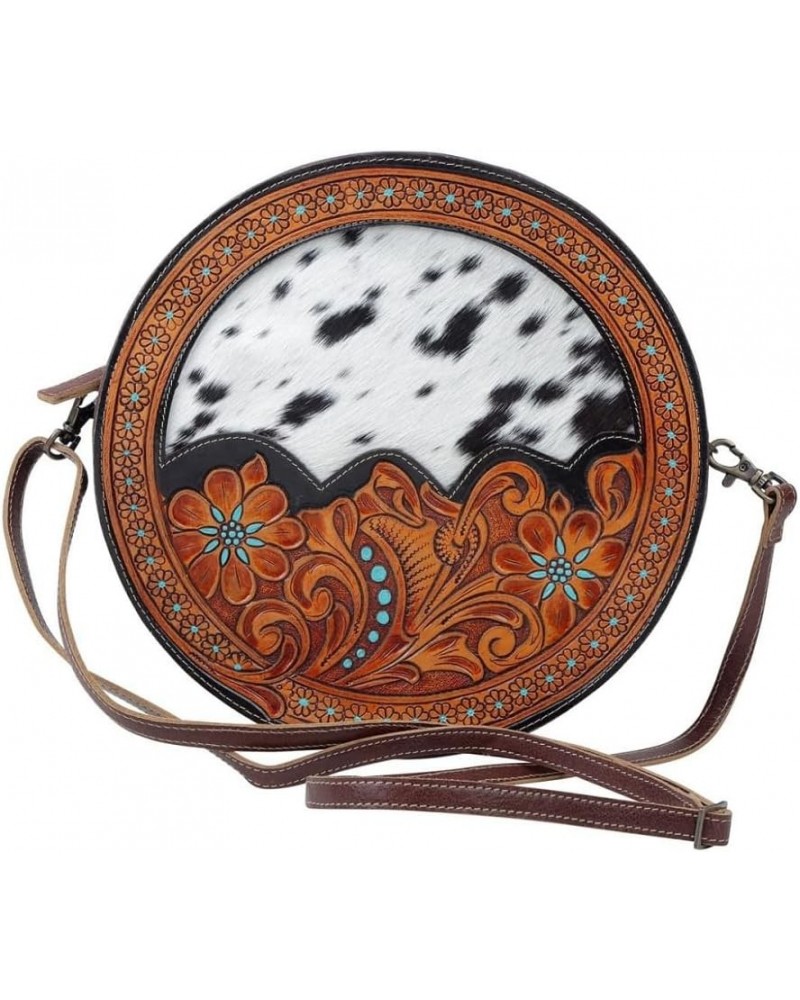 Simply Sober Round Bag, S-4944 - Floral Tooled Leather Crossbody Bags with Cowhide Design, Women's Circle Cross Body Purse Ha...