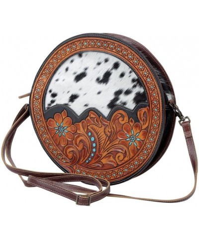 Simply Sober Round Bag, S-4944 - Floral Tooled Leather Crossbody Bags with Cowhide Design, Women's Circle Cross Body Purse Ha...