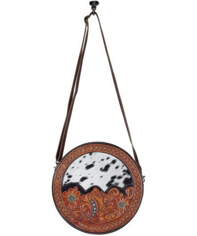 Simply Sober Round Bag, S-4944 - Floral Tooled Leather Crossbody Bags with Cowhide Design, Women's Circle Cross Body Purse Ha...