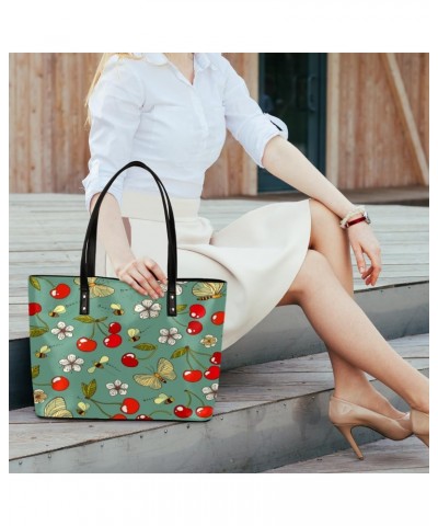 Cute Cherry Flower Tote Bag Women Shoulder Handbags PU Leather Everyday Bag with External Pocket Large Capacity Aesthetic Cor...