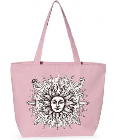 Vintage Sun Zippered Tote Bag - Unique Design Shopping Bag - Illustration Cloth Bag Light Pink $23.94 Totes