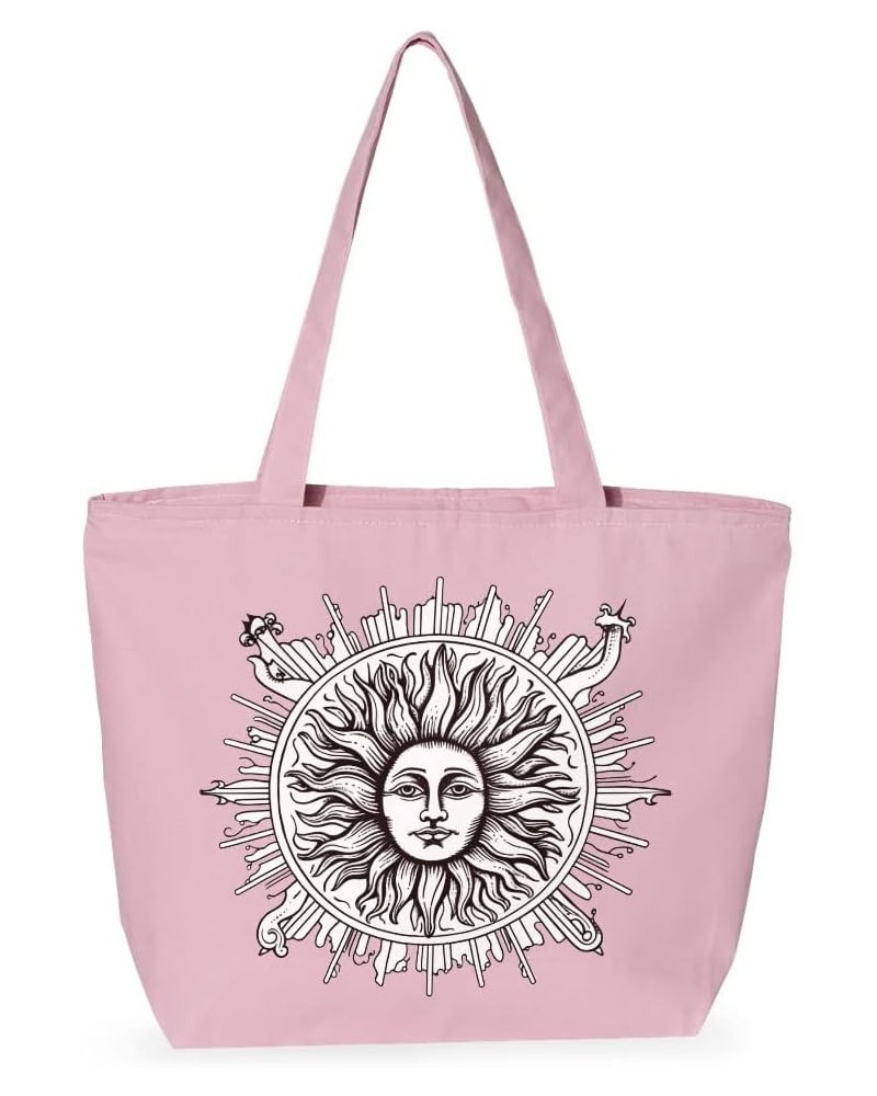 Vintage Sun Zippered Tote Bag - Unique Design Shopping Bag - Illustration Cloth Bag Light Pink $23.94 Totes