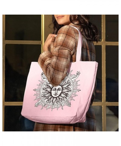 Vintage Sun Zippered Tote Bag - Unique Design Shopping Bag - Illustration Cloth Bag Light Pink $23.94 Totes