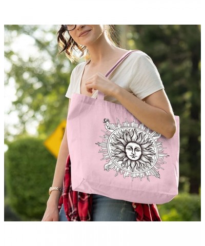 Vintage Sun Zippered Tote Bag - Unique Design Shopping Bag - Illustration Cloth Bag Light Pink $23.94 Totes