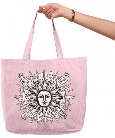 Vintage Sun Zippered Tote Bag - Unique Design Shopping Bag - Illustration Cloth Bag Light Pink $23.94 Totes