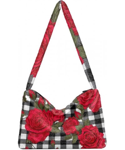 Red Strawberries with Dots Plush Tote Bag, Handbag with Zipper, Womens Outdoor Bag Red Roses on Gingham Plaid-4 $14.99 Totes