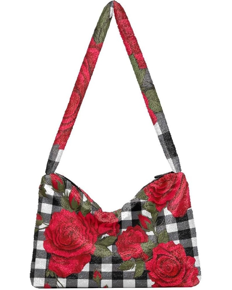 Red Strawberries with Dots Plush Tote Bag, Handbag with Zipper, Womens Outdoor Bag Red Roses on Gingham Plaid-4 $14.99 Totes