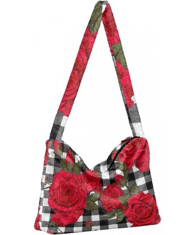 Red Strawberries with Dots Plush Tote Bag, Handbag with Zipper, Womens Outdoor Bag Red Roses on Gingham Plaid-4 $14.99 Totes