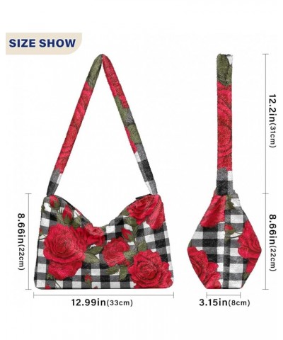 Red Strawberries with Dots Plush Tote Bag, Handbag with Zipper, Womens Outdoor Bag Red Roses on Gingham Plaid-4 $14.99 Totes