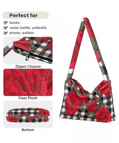 Red Strawberries with Dots Plush Tote Bag, Handbag with Zipper, Womens Outdoor Bag Red Roses on Gingham Plaid-4 $14.99 Totes