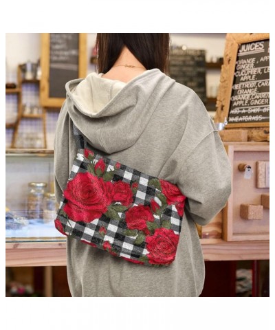 Red Strawberries with Dots Plush Tote Bag, Handbag with Zipper, Womens Outdoor Bag Red Roses on Gingham Plaid-4 $14.99 Totes