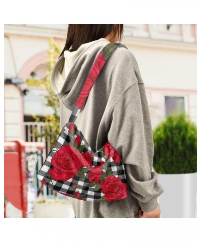 Red Strawberries with Dots Plush Tote Bag, Handbag with Zipper, Womens Outdoor Bag Red Roses on Gingham Plaid-4 $14.99 Totes