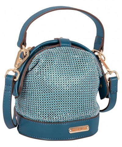 Bianca Bucket Bag, Small Faux Diamond Rhinestone Mesh Top Handle Handbag, Wide Opening Peacock Blue $39.96 Handbags