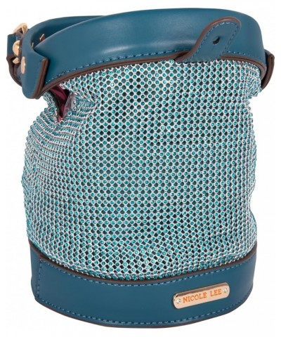 Bianca Bucket Bag, Small Faux Diamond Rhinestone Mesh Top Handle Handbag, Wide Opening Peacock Blue $39.96 Handbags