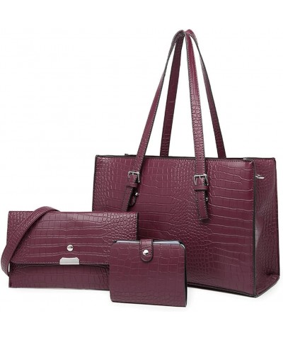 Women Handbag PU Leather Top Handle Bag Shoulder Bag Messenger Bag Wallet Card Hold 3 Pcs Set Purple $47.31 Totes