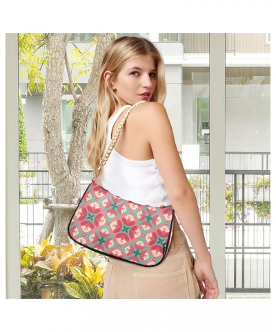 Women Chain Shoulder Purse Bag With Zipper Pink Flowers Green Leaves Print, Red Floral Hobo Tote Clutch Handbags with Chain S...