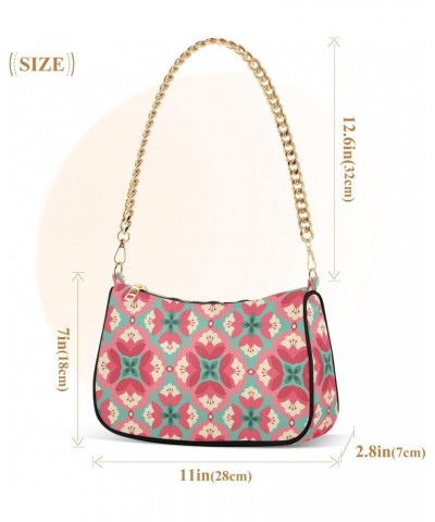 Women Chain Shoulder Purse Bag With Zipper Pink Flowers Green Leaves Print, Red Floral Hobo Tote Clutch Handbags with Chain S...