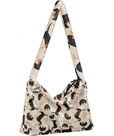 Dachshund Dog Bone Furry Tote Bag for Women Crossbody Bag Crossbody Tote Puffer Tote with Zipper for Fall $9.03 Totes