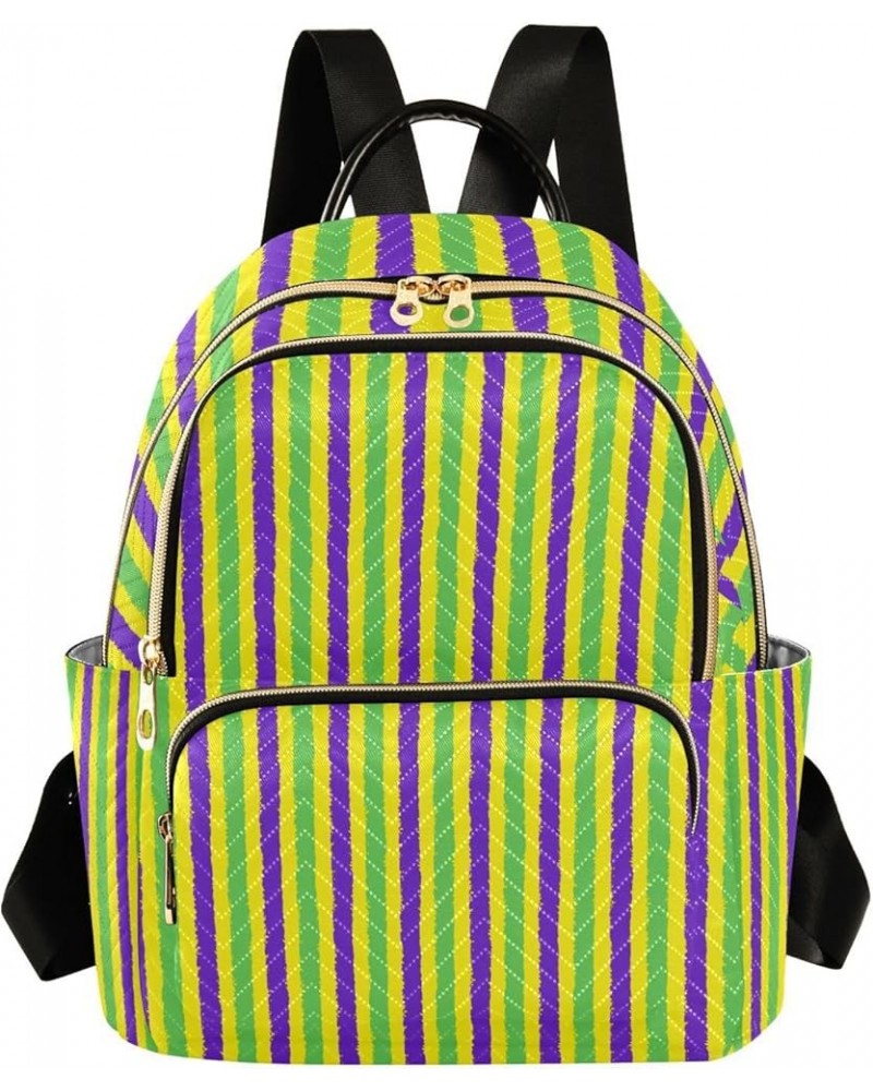 Mardi Gras Women Backpack Purple Green Yellow Stripes Travel Bag Compact Daily Bag Medium $14.25 Backpacks