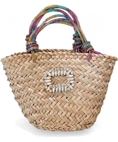 Women Straw Beach Bag Woven Tote Bag Small Summer Handbag with Rhinestone Handle Multicolor $25.19 Handbags