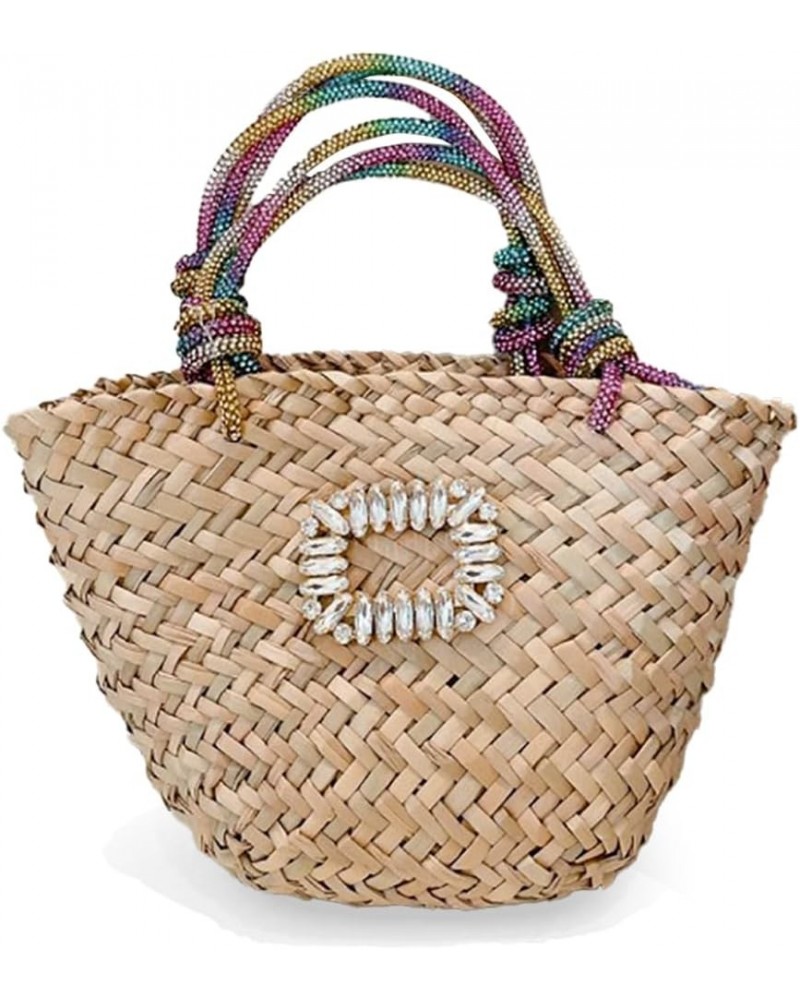 Women Straw Beach Bag Woven Tote Bag Small Summer Handbag with Rhinestone Handle Multicolor $25.19 Handbags