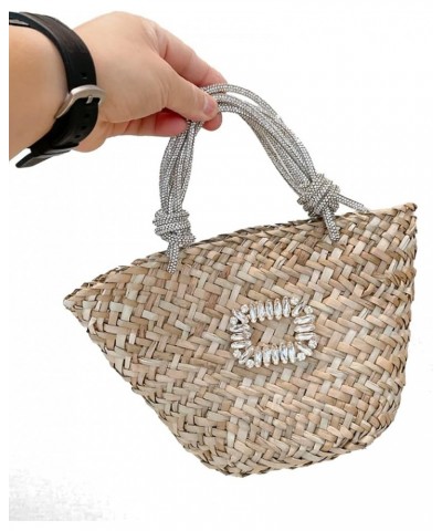 Women Straw Beach Bag Woven Tote Bag Small Summer Handbag with Rhinestone Handle Multicolor $25.19 Handbags