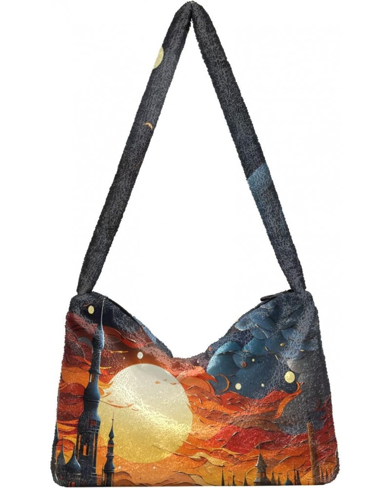 Women Shoulder Bag Castle Starry Night Ladies Tote Bag Plush Underarm Bag Furry Handbag $12.17 Totes