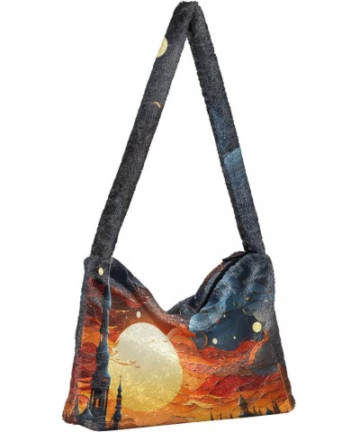 Women Shoulder Bag Castle Starry Night Ladies Tote Bag Plush Underarm Bag Furry Handbag $12.17 Totes