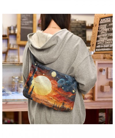 Women Shoulder Bag Castle Starry Night Ladies Tote Bag Plush Underarm Bag Furry Handbag $12.17 Totes