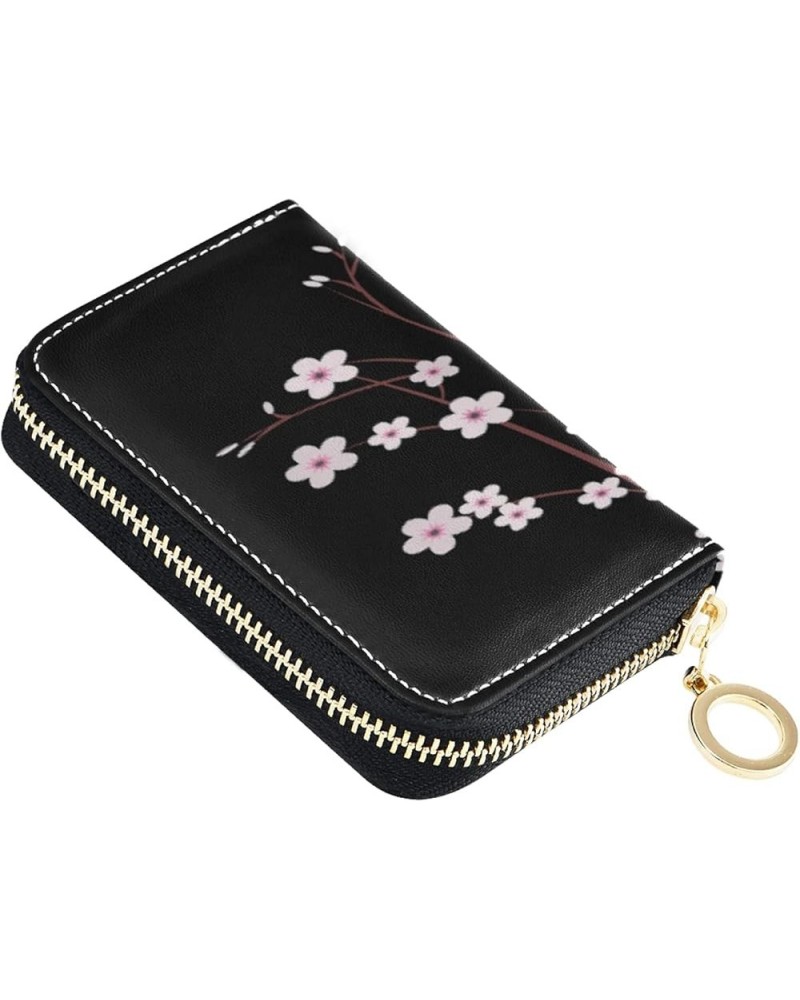 Black Pink Cherry Blossom Grey Credit Card Coin wallet, RFID Blocking Compact Women Leather Card Holder, Key Change Organizer...