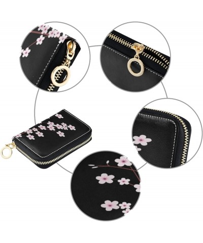 Black Pink Cherry Blossom Grey Credit Card Coin wallet, RFID Blocking Compact Women Leather Card Holder, Key Change Organizer...