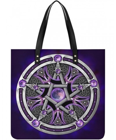 Purple Triple Moon Witch Goddess Wicca Pentacle Women Tote Bags Top Handle Satchel Handbags PU Faux Leather Tassel Shoulder P...