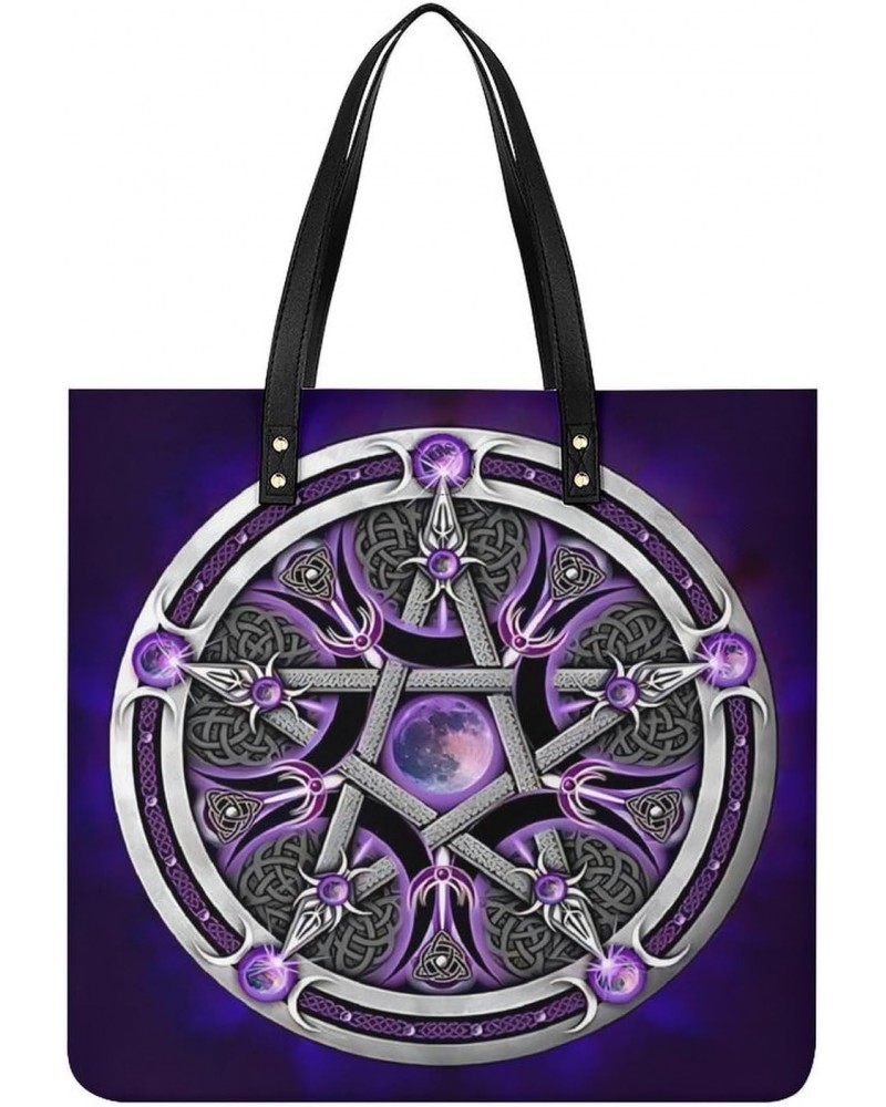 Purple Triple Moon Witch Goddess Wicca Pentacle Women Tote Bags Top Handle Satchel Handbags PU Faux Leather Tassel Shoulder P...