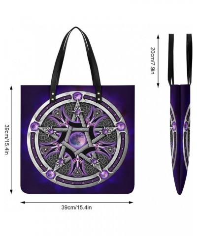 Purple Triple Moon Witch Goddess Wicca Pentacle Women Tote Bags Top Handle Satchel Handbags PU Faux Leather Tassel Shoulder P...