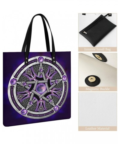 Purple Triple Moon Witch Goddess Wicca Pentacle Women Tote Bags Top Handle Satchel Handbags PU Faux Leather Tassel Shoulder P...