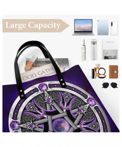 Purple Triple Moon Witch Goddess Wicca Pentacle Women Tote Bags Top Handle Satchel Handbags PU Faux Leather Tassel Shoulder P...