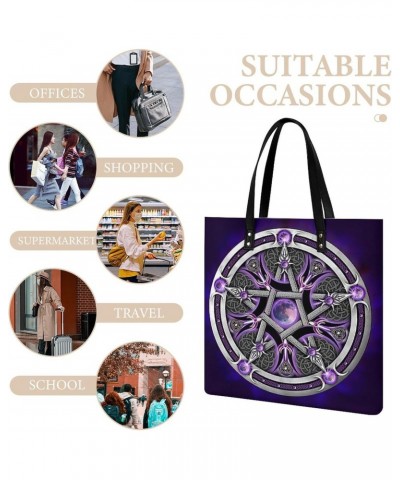 Purple Triple Moon Witch Goddess Wicca Pentacle Women Tote Bags Top Handle Satchel Handbags PU Faux Leather Tassel Shoulder P...